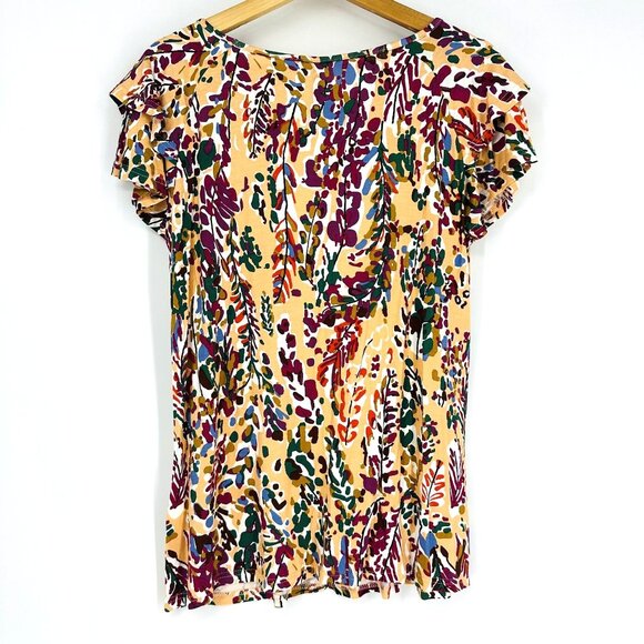 Mengpipi Floral Multicolor Tiered Short Flutter Sleeve V-Neck Top Blouse Size M - Picture 4 of 9